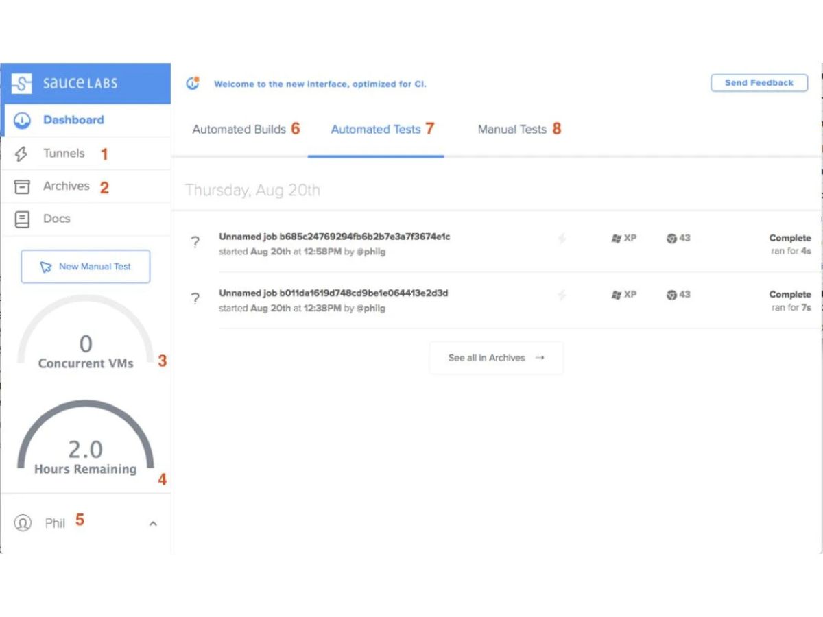 sauce labs dashboard