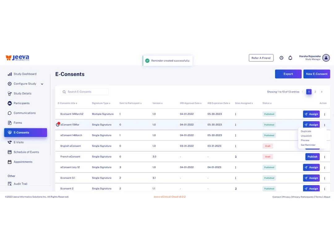 Jeeva eClinical Cloud e-consents