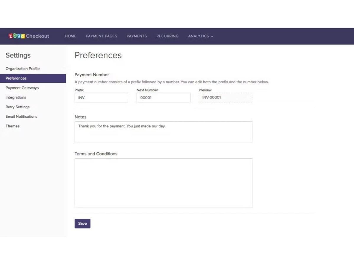 Zoho Checkout-preferences