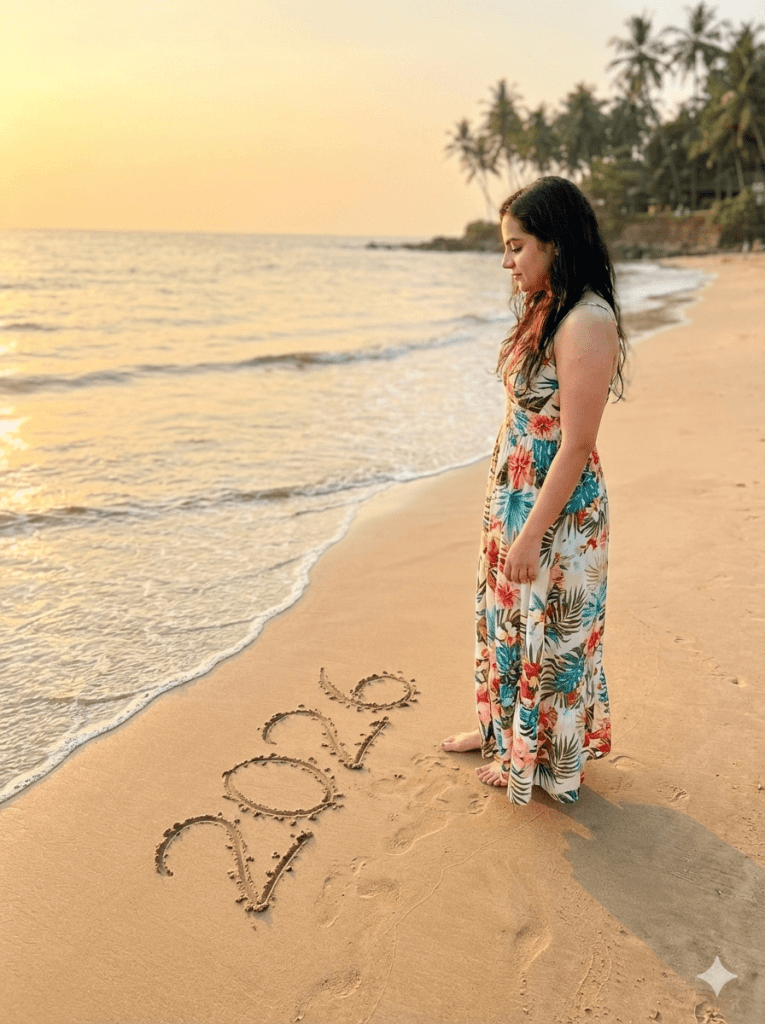 सैंड या बीच थीम – रेत पर लिखा '2026'