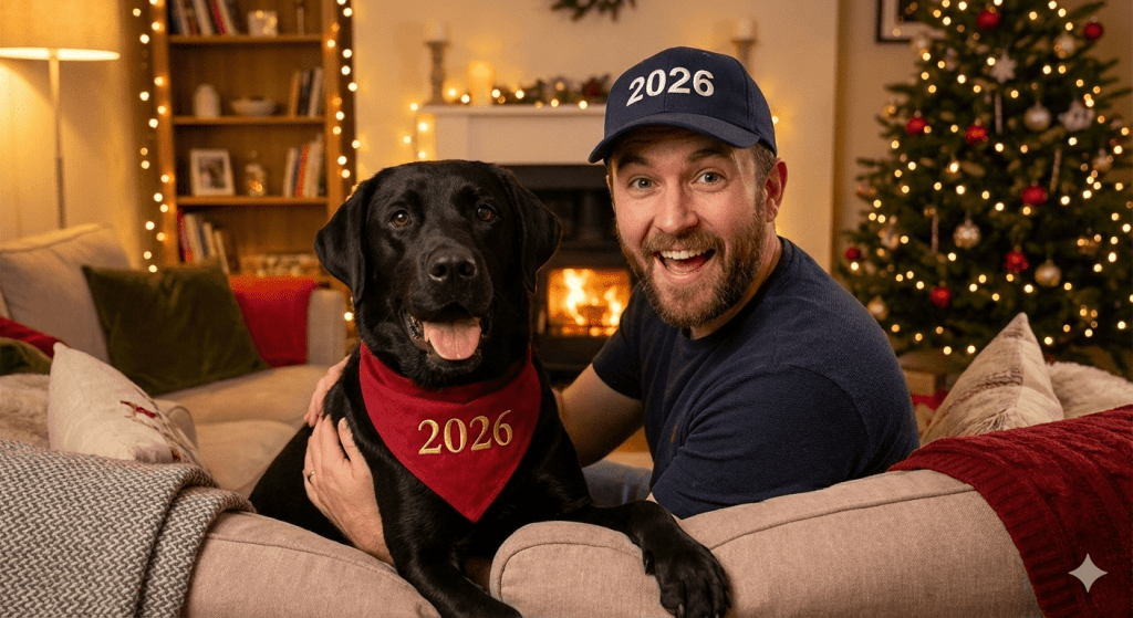 पेट + पार्टी हैट फोटो – '2026' बैंडाना या टैग