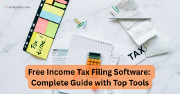 Free income tax filing software guide featuring tax forms, calculator, receipts, and a Tax Time! note.