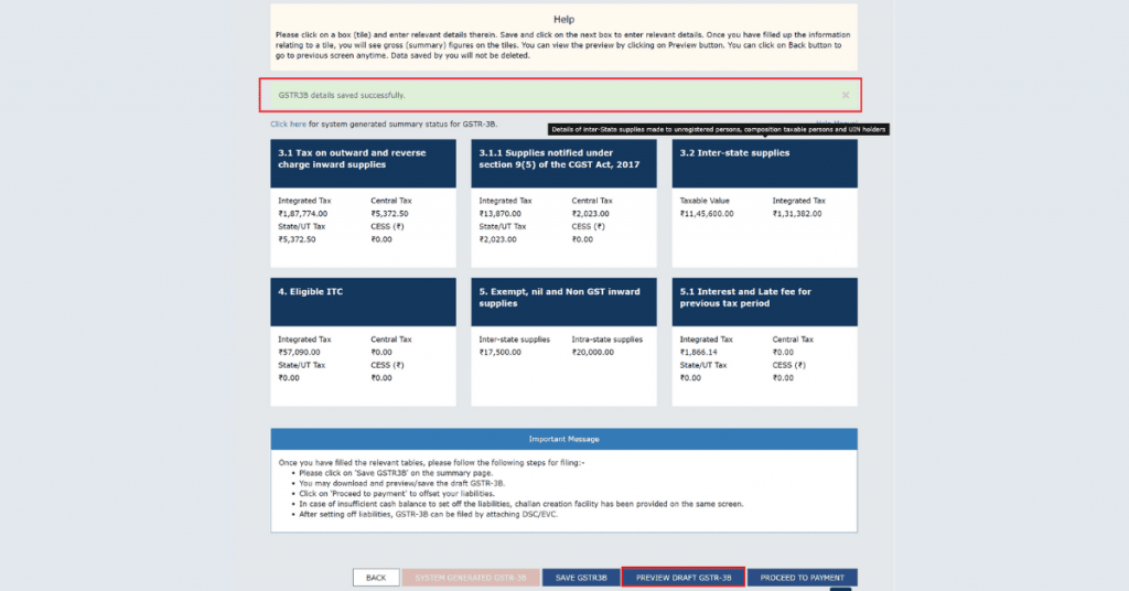 A snapshot of where to find the Preview Draft GSTR-3B