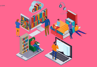A group of individuals use library management systems on their respective devices to perform efficient operations such as cataloguing, inventory tracking, and more.