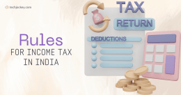 Rules for income tax in India illustration showing tax return, deductions, calculator, and coins.