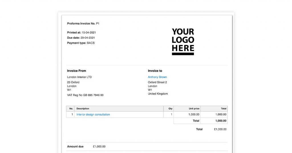 proforma invoice for advance payment