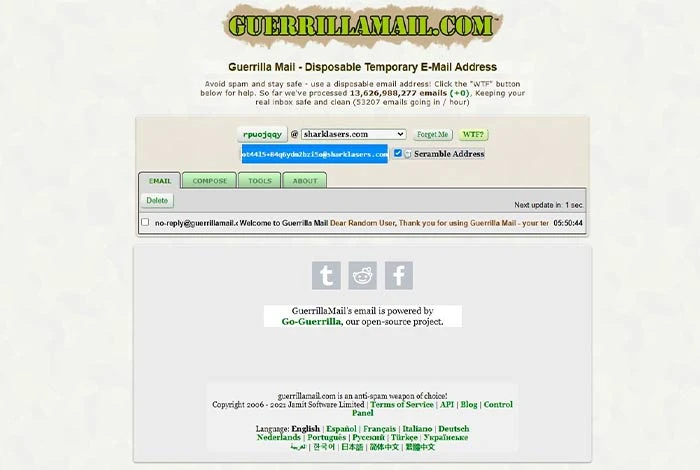 GuerrillaMail Temp Email Generator Dashboard