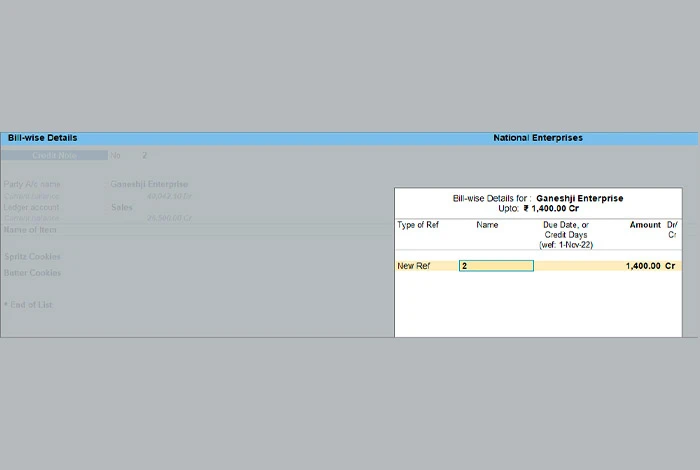 Credit note entry in TallyPrime when payment is received