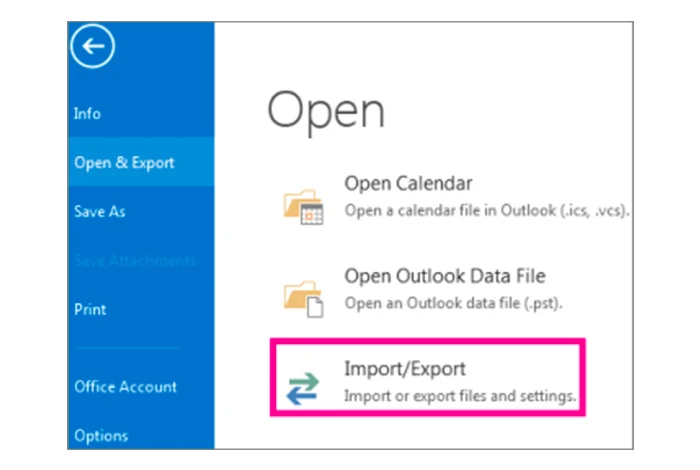 outlook import and export dashboard screenshot