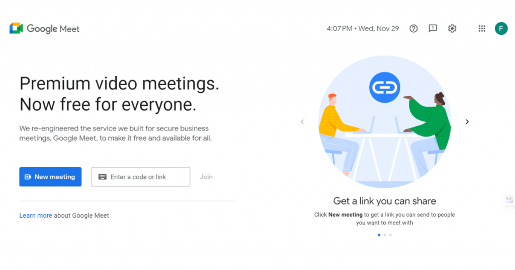 google meet dashboard opening page