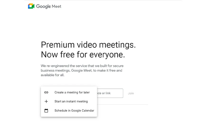 Click on the “New Meeting” option and you will get three options- Create a meeting for later, start an instant meeting, and schedule in Google Calendar.