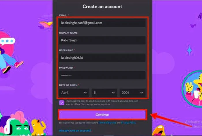 Make Account in Discord dashboard