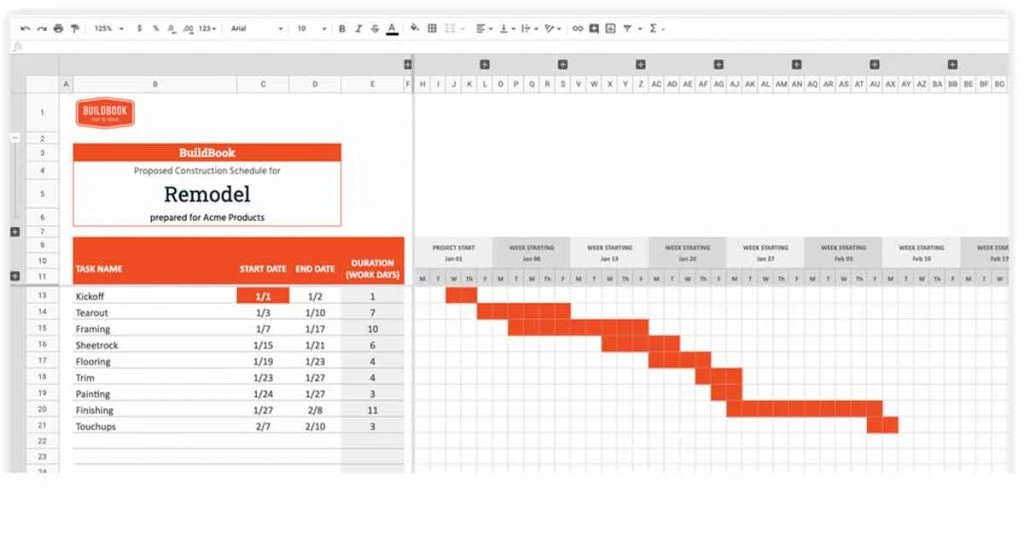 Construction Google Sheets Gantt Chart Template