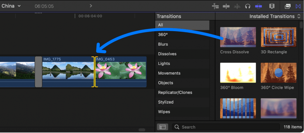 Adding transitions in Final Cut Pro