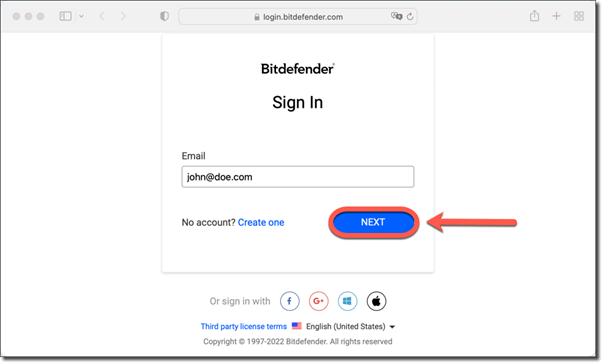 Sign in page of Bitdefender In Windows