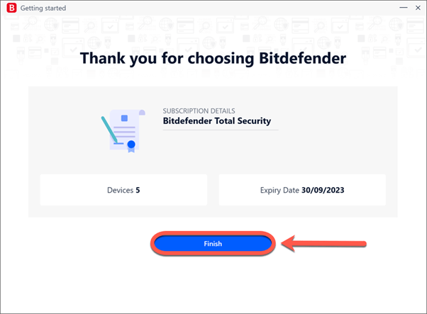 Thankyou page of bitdefender