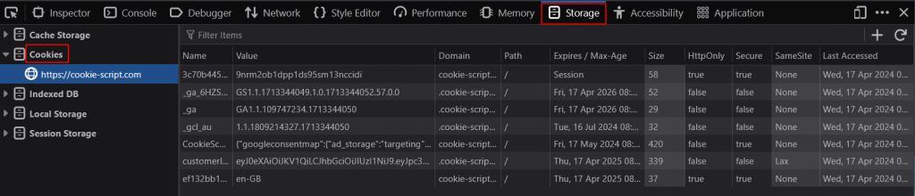 A screenshot of Firefox cookies