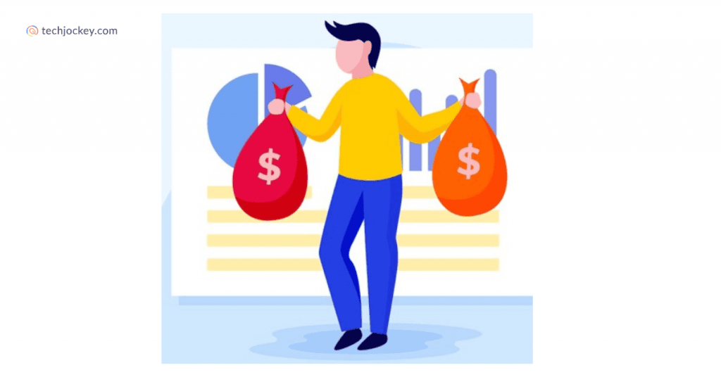 Illustration of a person holding two large money bags with dollar signs, standing in front of a chart, symbolizing accounts receivable benefits and financial gain.