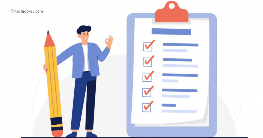 Cartoon of a man holding a large pencil next to a giant checklist on a clipboard, each item marked with a red check, representing key points or tasks being successfully completed.