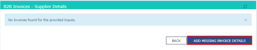 GSTR-6 B2B invoice section showing 'No Invoices found' message with option to add missing invoice details