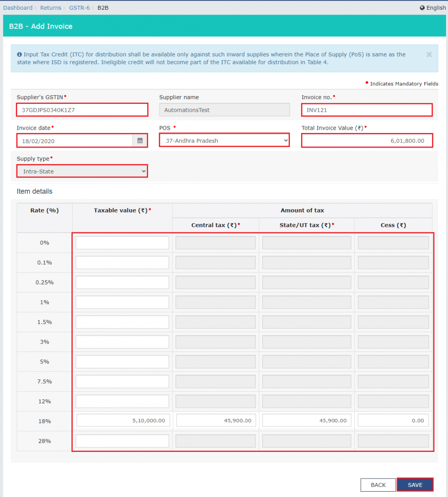 GSTR-6 processed B2B invoice list with supplier GSTINs and number of invoices displayed for February return.