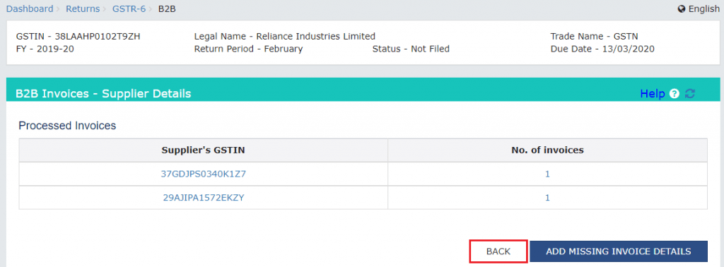 GSTR-6 amendment screen to update B2B invoice by financial year, supplier GSTIN, and invoice number.
