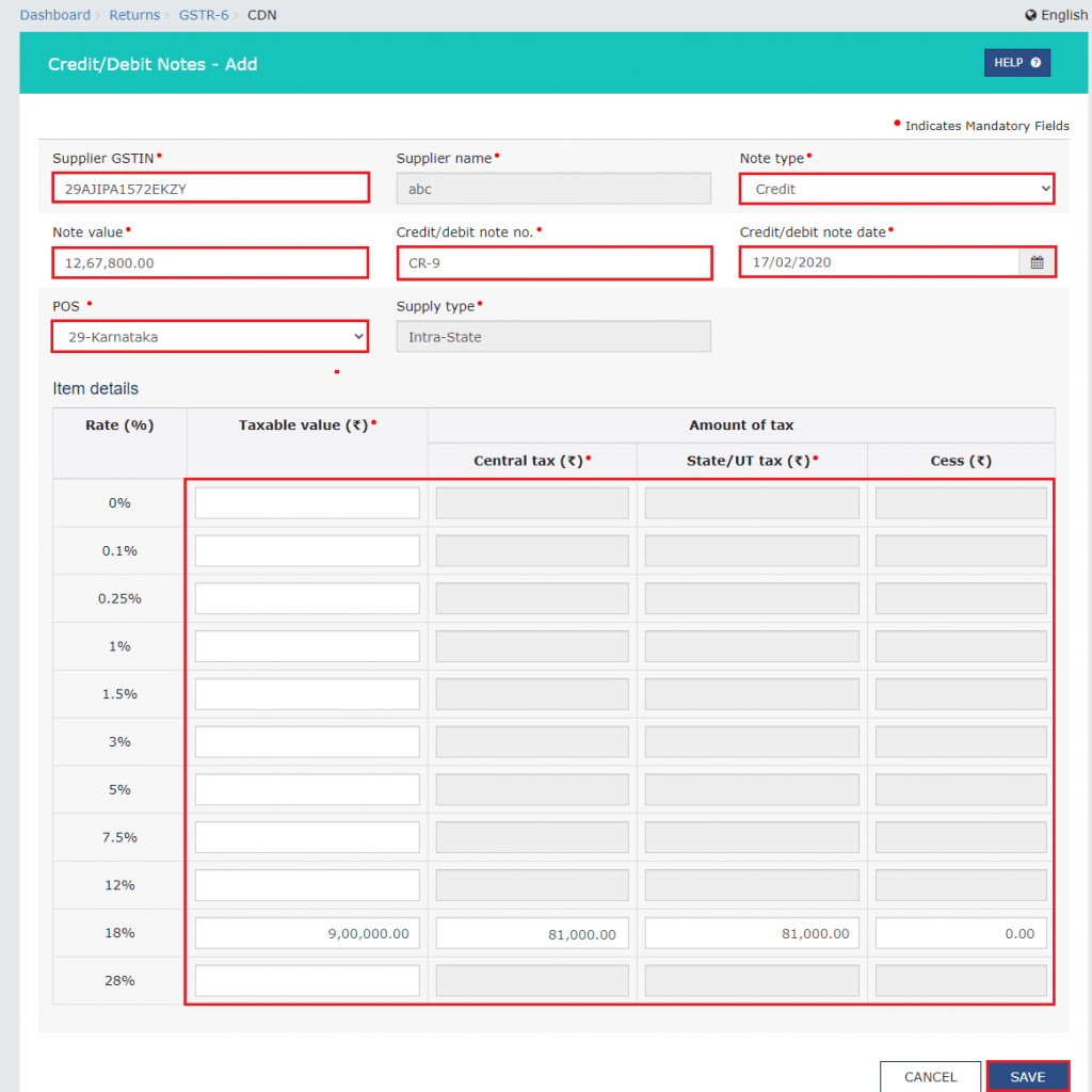 GSTR-6 credit note data entry form with supplier details, note value, POS, and tax calculation fields filled in.