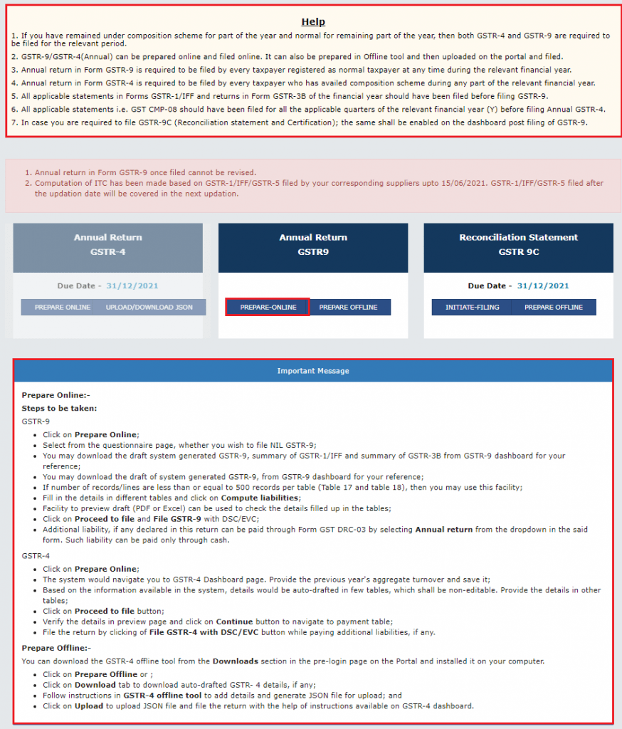 Step 4: Choose Prepare Online for direct entry or download the offline utility for bulk data
