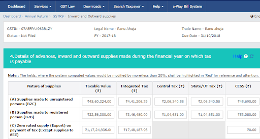 Step 6: Complete each column in accordance with the GSTR-9 format given above. You will get auto-populated data from GSTR-1, GSTR-3B, and Table 8A (ITC) too.
