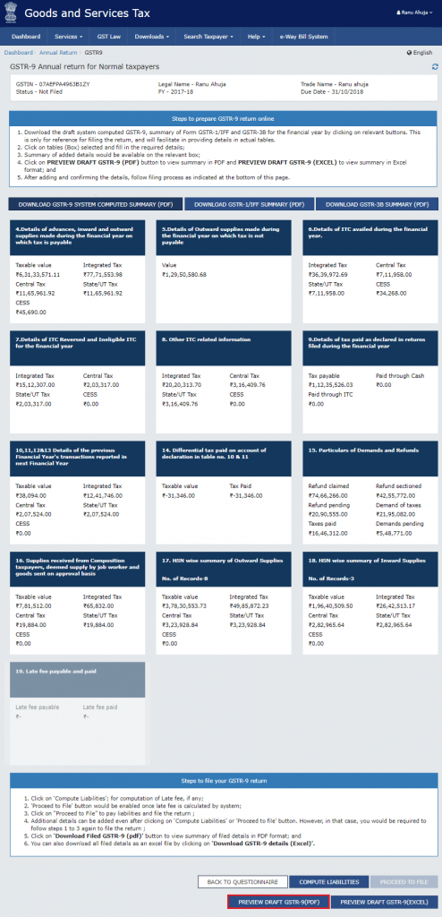Step 10: Preview the GSTR-9 draft and submit it electronically.