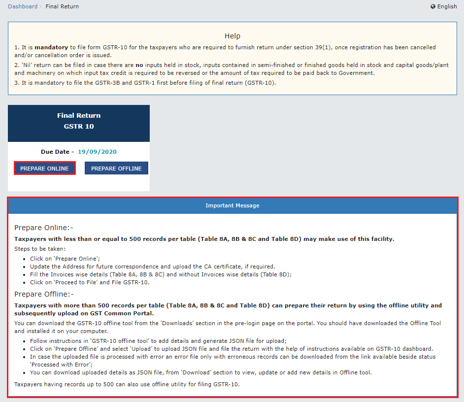 A snapshot of the Prepare Online button