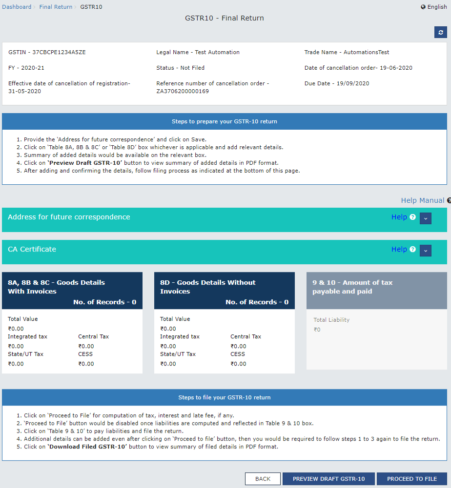 A snapshot of the GSTR-10 - Final Return dashboard