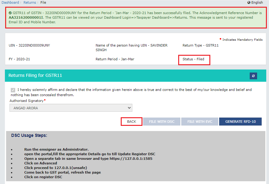 Acknowledgement of successfully filed GSTR-11 with ARN number for UIN holder on GST portal.