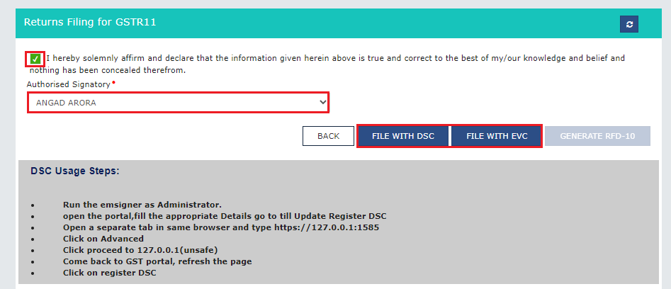 Filing GSTR-11 by selecting authorised signatory and verifying with DSC or EVC on GST portal