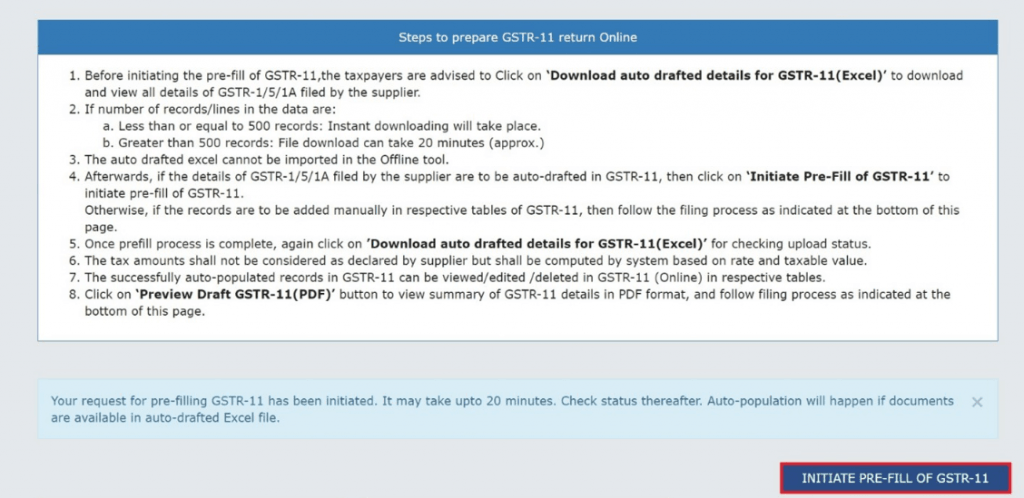 Pre-filling GSTR-11 form with auto-drafted supplier data on GST portal