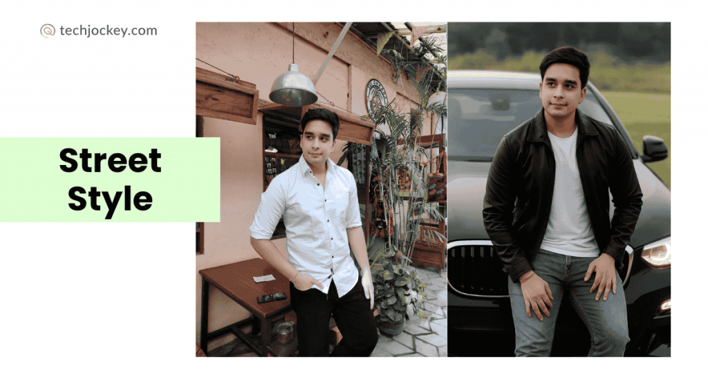 Before and after image of a man in a street-side cafe transformed into a stylish portrait posing in front of a luxury car.