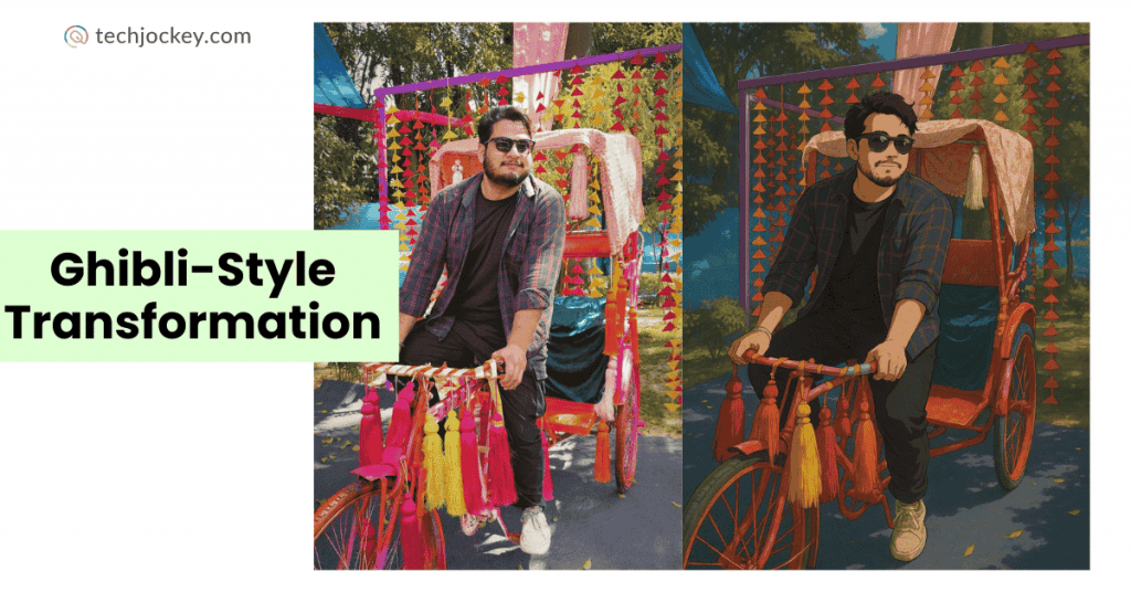 Before and after photo of a man on a decorated cycle rickshaw, turned into a Studio Ghibli-inspired animated illustration.