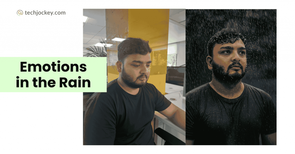 Transformation of a man from an office setting to a rain-drenched emotional portrait with dramatic lighting.