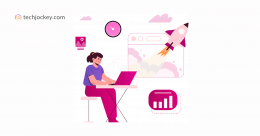 Illustration of a woman working on a laptop with symbols of digital growth including a rocket launching from a browser window, a bar graph, image icon, and clock, representing productivity and digital marketing, with Techjockey.com branding.