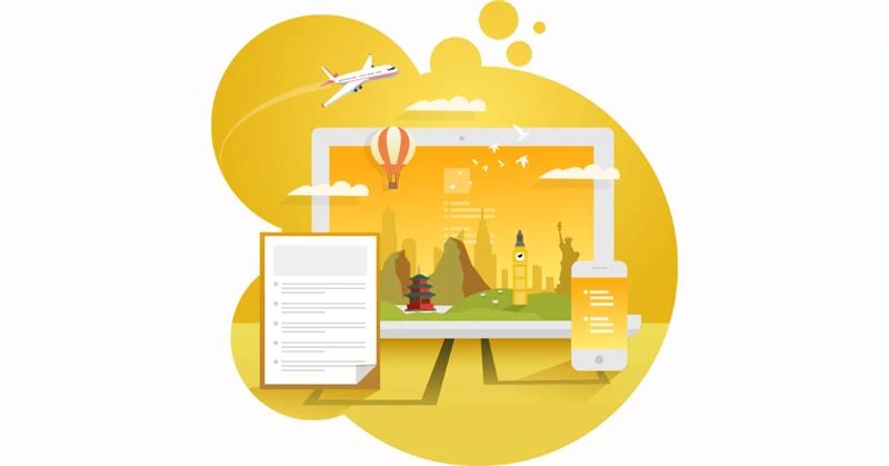 Illustration of global landmarks displayed on a computer screen, surrounded by digital devices like a smartphone and document, with an airplane and hot air balloon in the sky, symbolizing the use of technology in travel, communication.