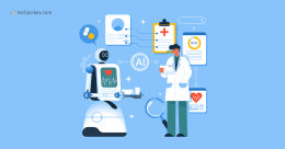 Doctor in a lab coat stands next to a medical robot with a heart monitor, surrounded by floating medical records, AI symbols, and digital health icons, illustrating the integration of AI in the medical field.
