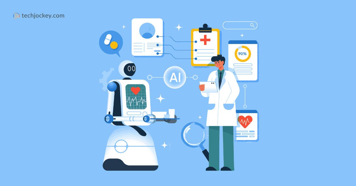Doctor in a lab coat stands next to a medical robot with a heart monitor, surrounded by floating medical records, AI symbols, and digital health icons, illustrating the integration of AI in the medical field.