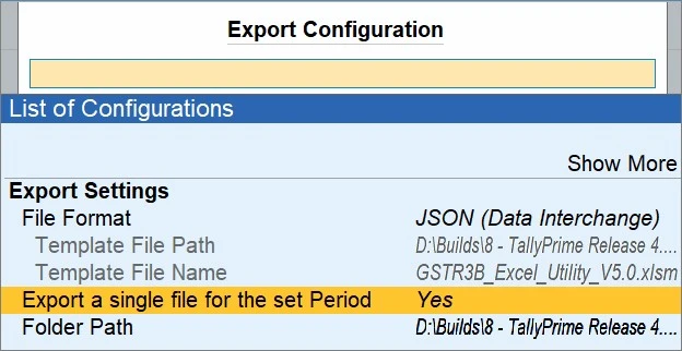 Screenshot of the Export Configuration window in TallyPrime for GSTR-3B, showing settings including file format as JSON, template file path for GSTR3B Excel Utility, option to export a single file for the set period marked 'Yes', and folder path.