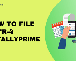 Illustration showing the process of filing GSTR-4 in TallyPrime, featuring a hand holding a mobile displaying a tax document, along with icons of a calendar, magnifying glass, money, envelope, and glasses. Text on the left reads How to File GSTR-4 in TallyPrime with the techjockey.com logo at the top.