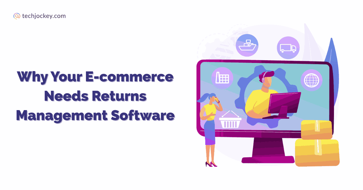 Illustration of a customer service agent making use of returns management software to process product returns, while a customer waits
