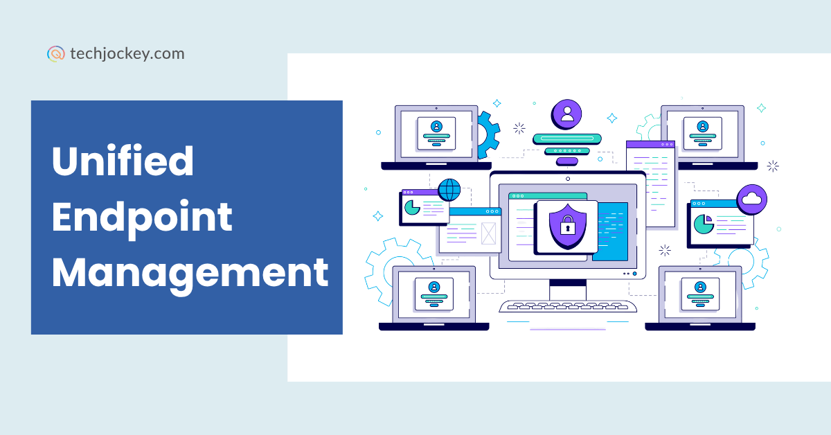 An infographic titled "Unified Endpoint Management" featuring a blue background with a white section. The design includes multiple stylized devices (laptops, desktops, and tablets) with icons representing security (shield), settings (gears), user profiles, and analytics (charts and graphs)