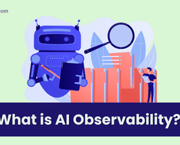 Illustration of a robot holding a clipboard and pencil beside stacked data blocks, with a magnifying glass above them and a person analyzing datatext reads What is AI Observability? with Techjockey.com logo in the corner.