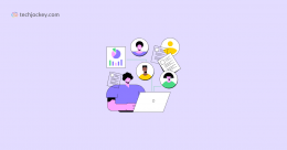 Illustration of an HR professional using a laptop, with employee profiles, documents, and analytics charts representing HRMS functionality.