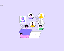 Illustration of an HR professional using a laptop, with employee profiles, documents, and analytics charts representing HRMS functionality.