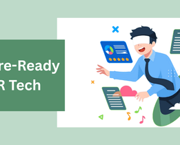 Illustration of a professional wearing a VR headset surrounded by digital HR interface elements, representing future-ready HR technology.